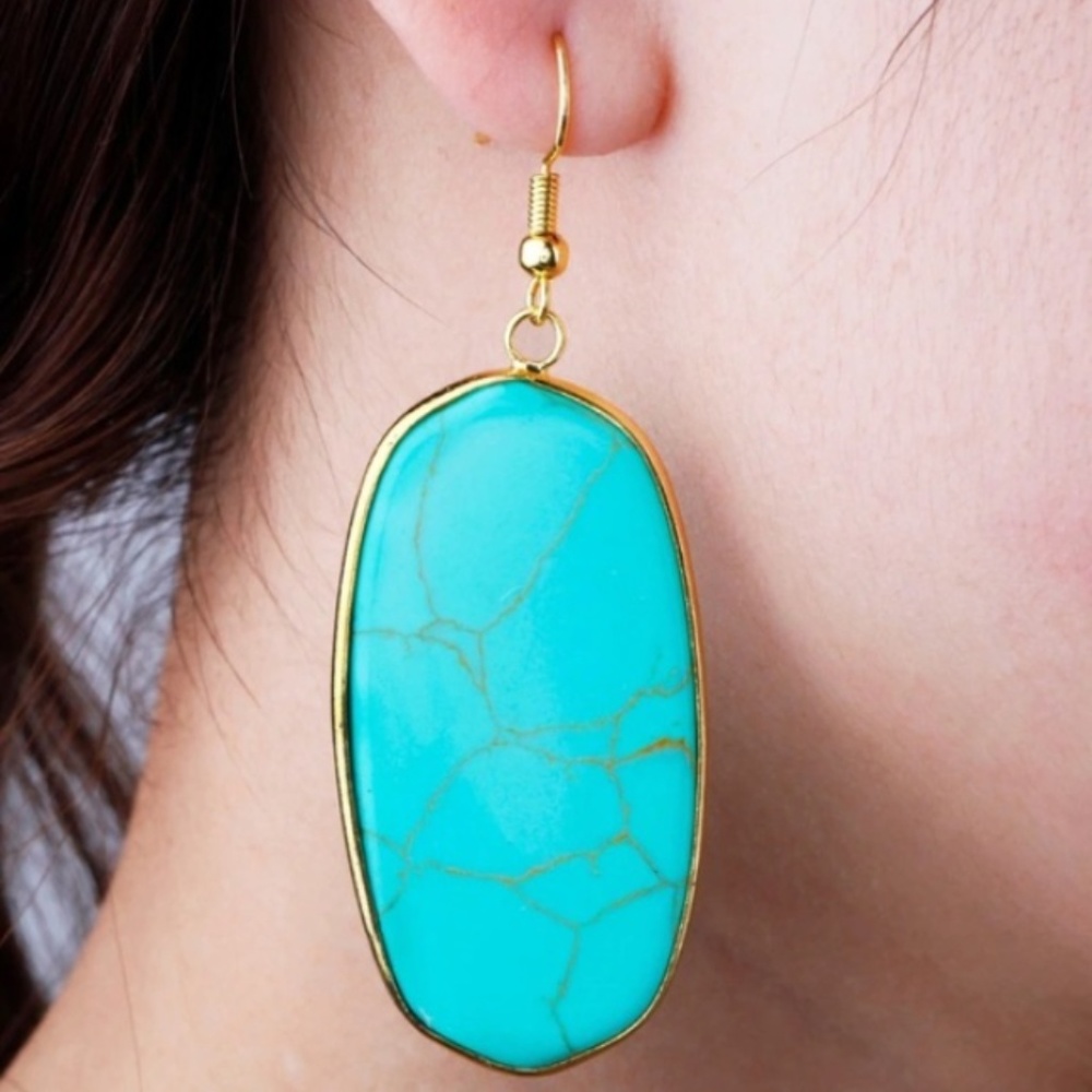 Turquoise & Gold Oval Dangle Drop Earrings NEW!!